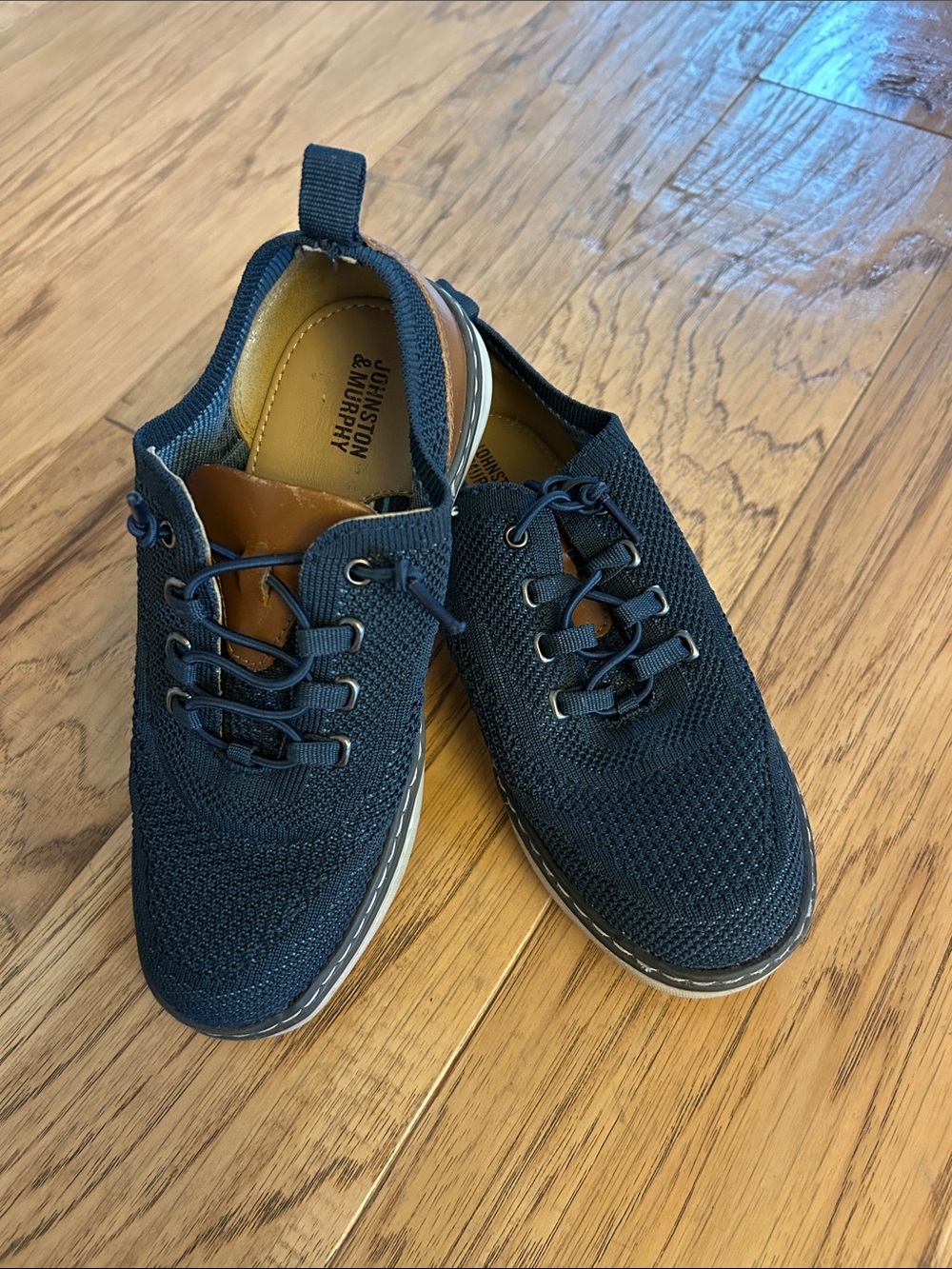 Johnston & Murphy Kids Navy Knit Lace-Up Sneakers with Tan Accent